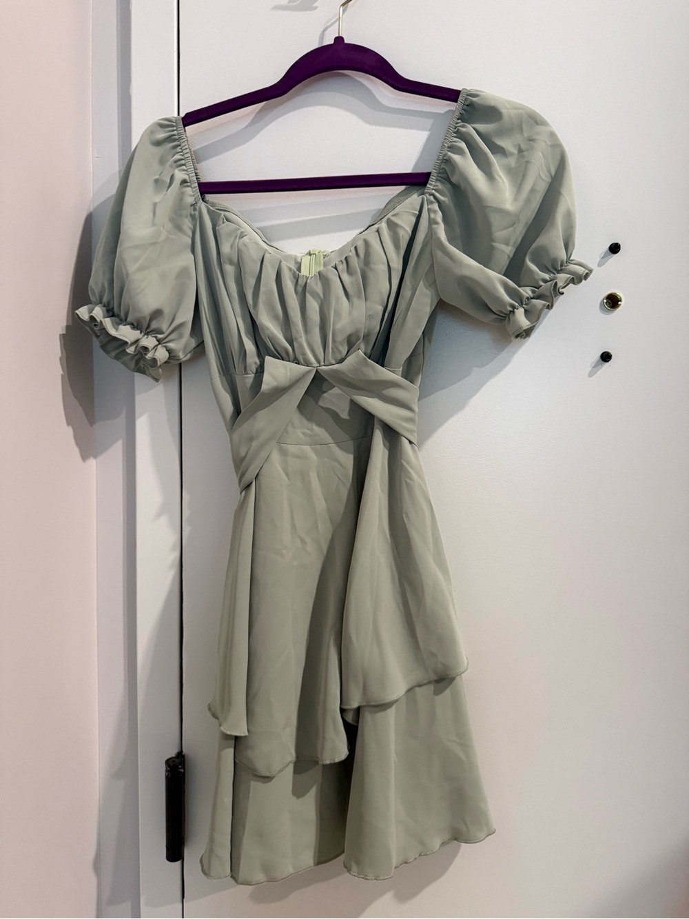 Light Sage Puff Sleeve Wrap Dress